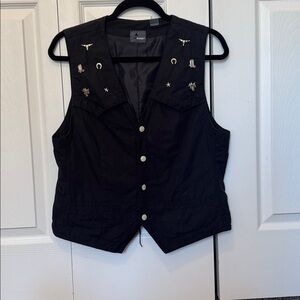 Vintage Black Western sleeveless Vest Country Cowboy Equestrian pins pearl snaps